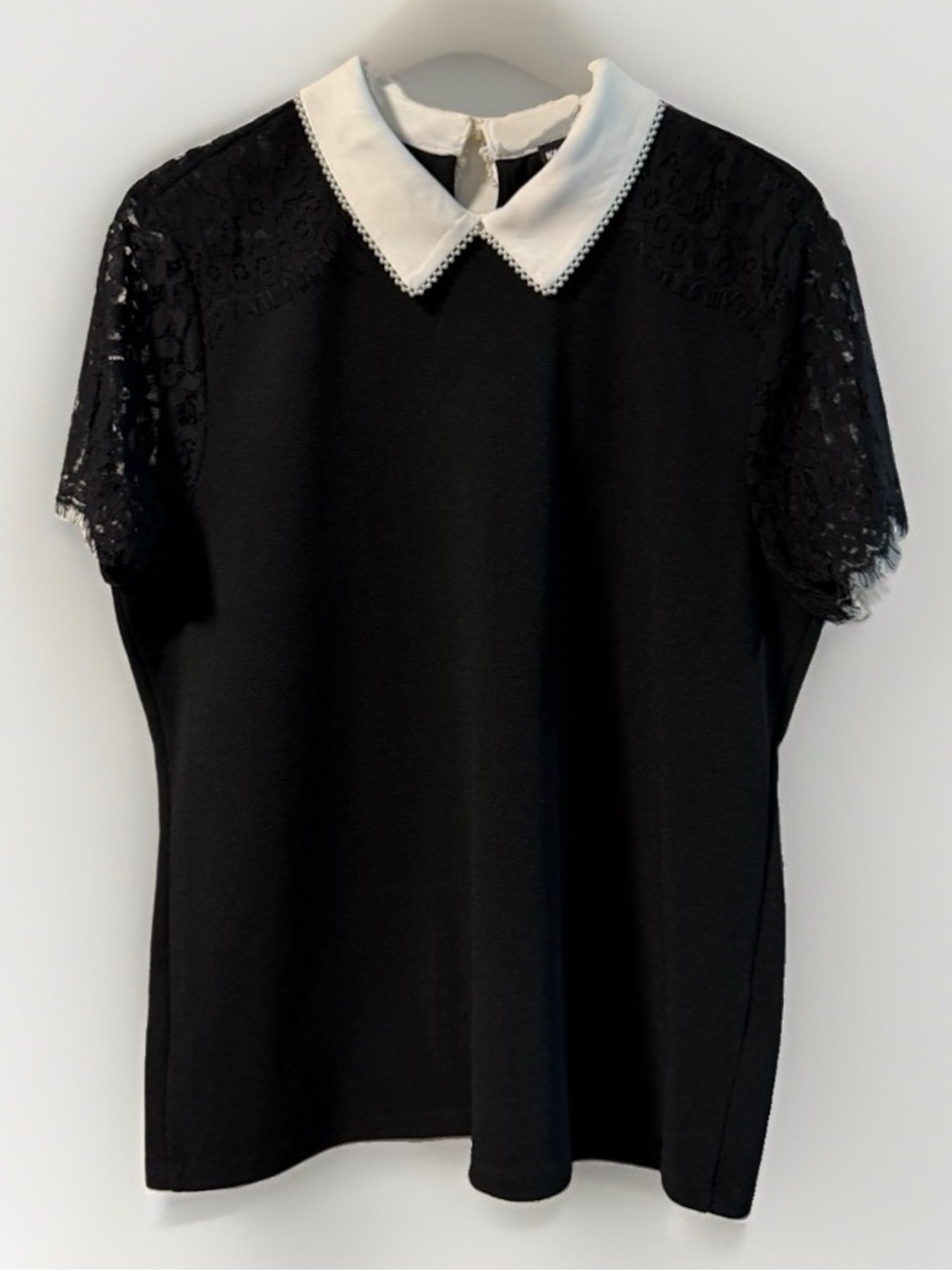 Black Top with White pearl collar and Lace Sleeves